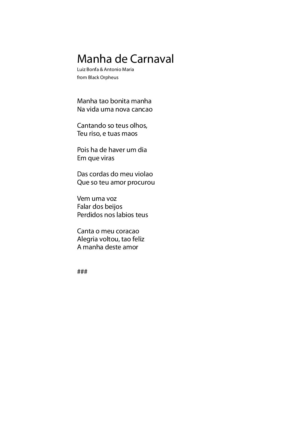 Manha de Carnaval – lyrics