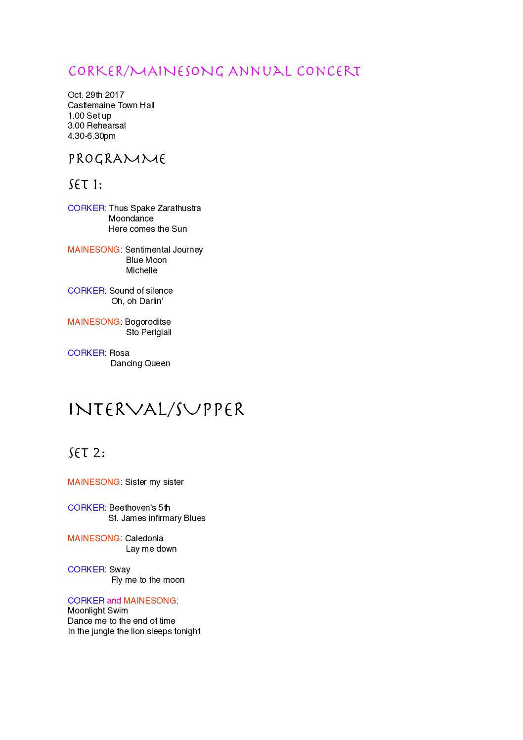 Corker annual concert programme