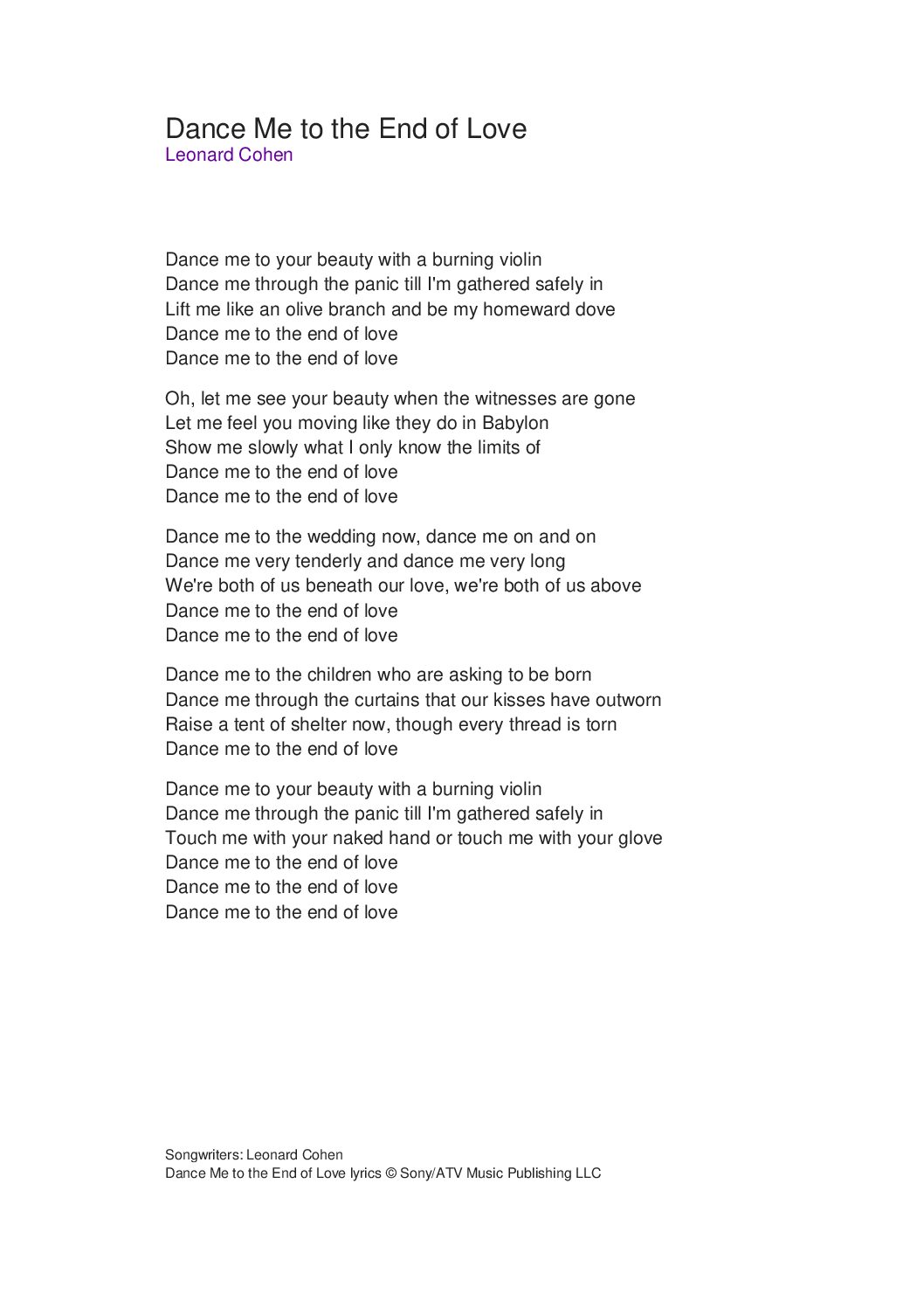 Dance Me To The End Of Love