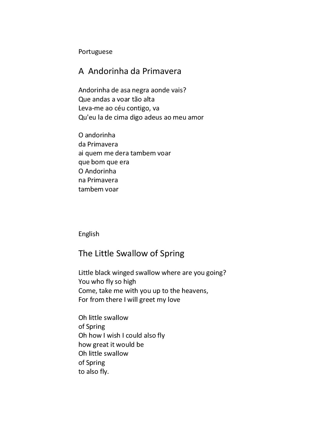 Andorinha da Primavera – lyrics