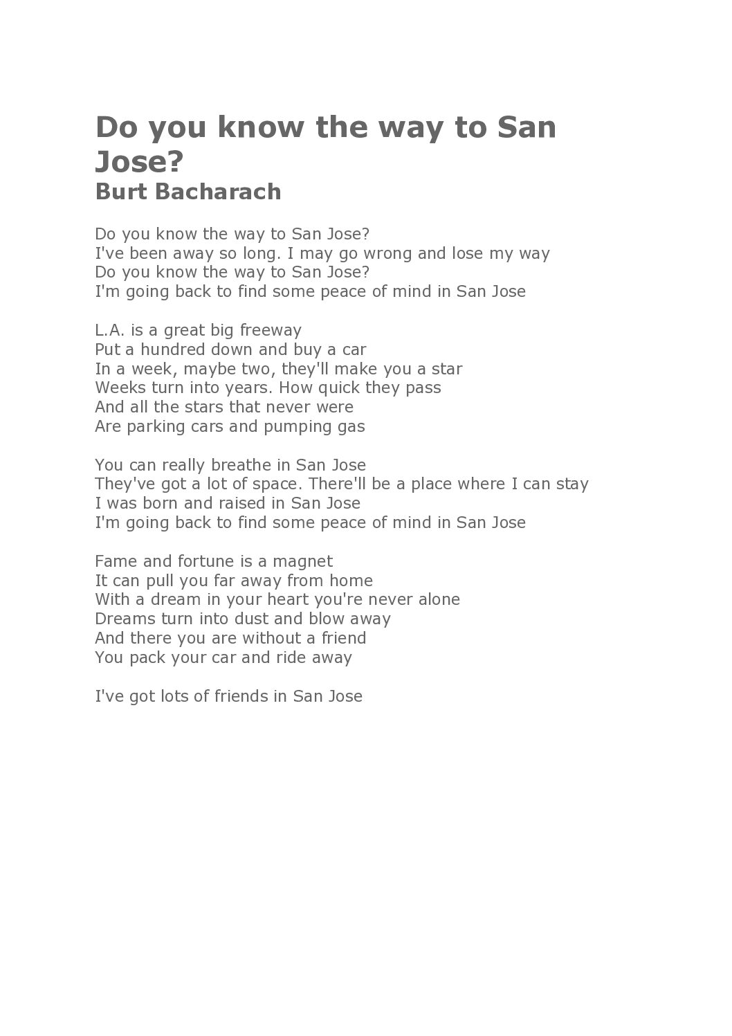 Do you know the way to San Jose. Lyrics